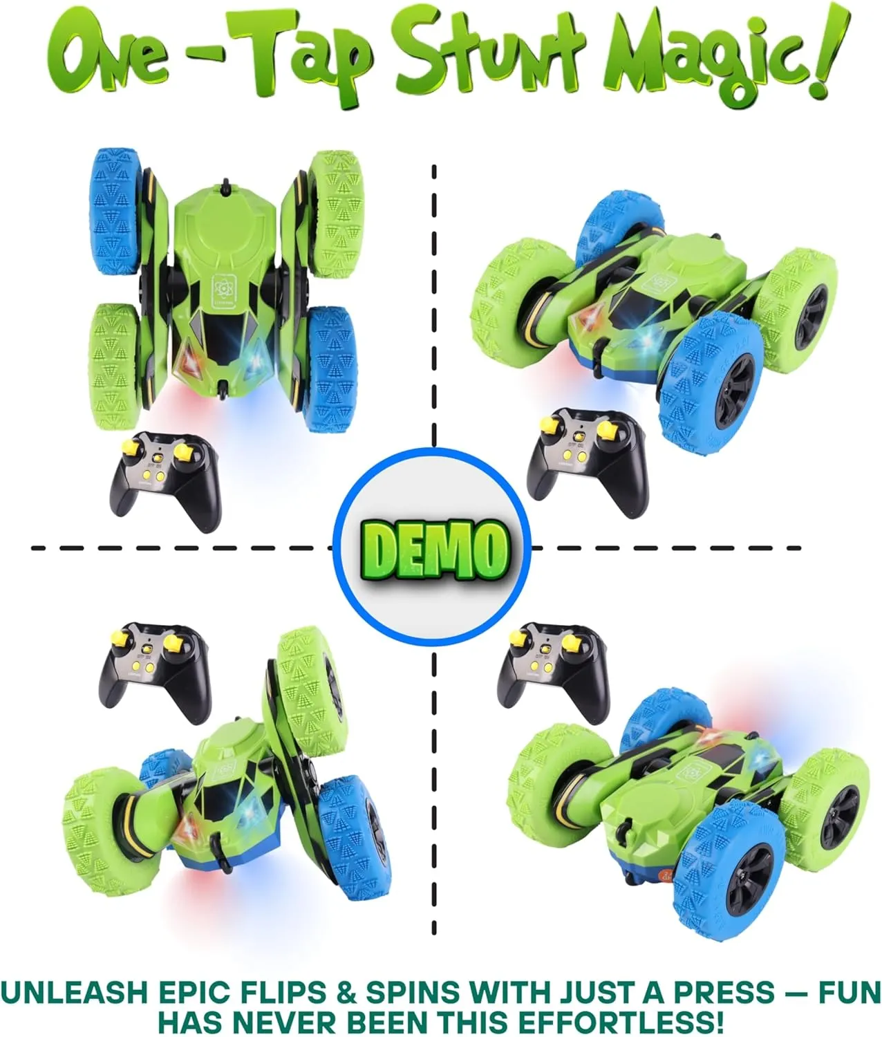 All-Round Drive Stunt RC Car - 360° Spins, High-Speed Off-Road with LED Headlights, 2 Rechargeable Batteries, AAA Remote Batteries, All-Terrain for Kids 6  & Adults (Green & Blue)