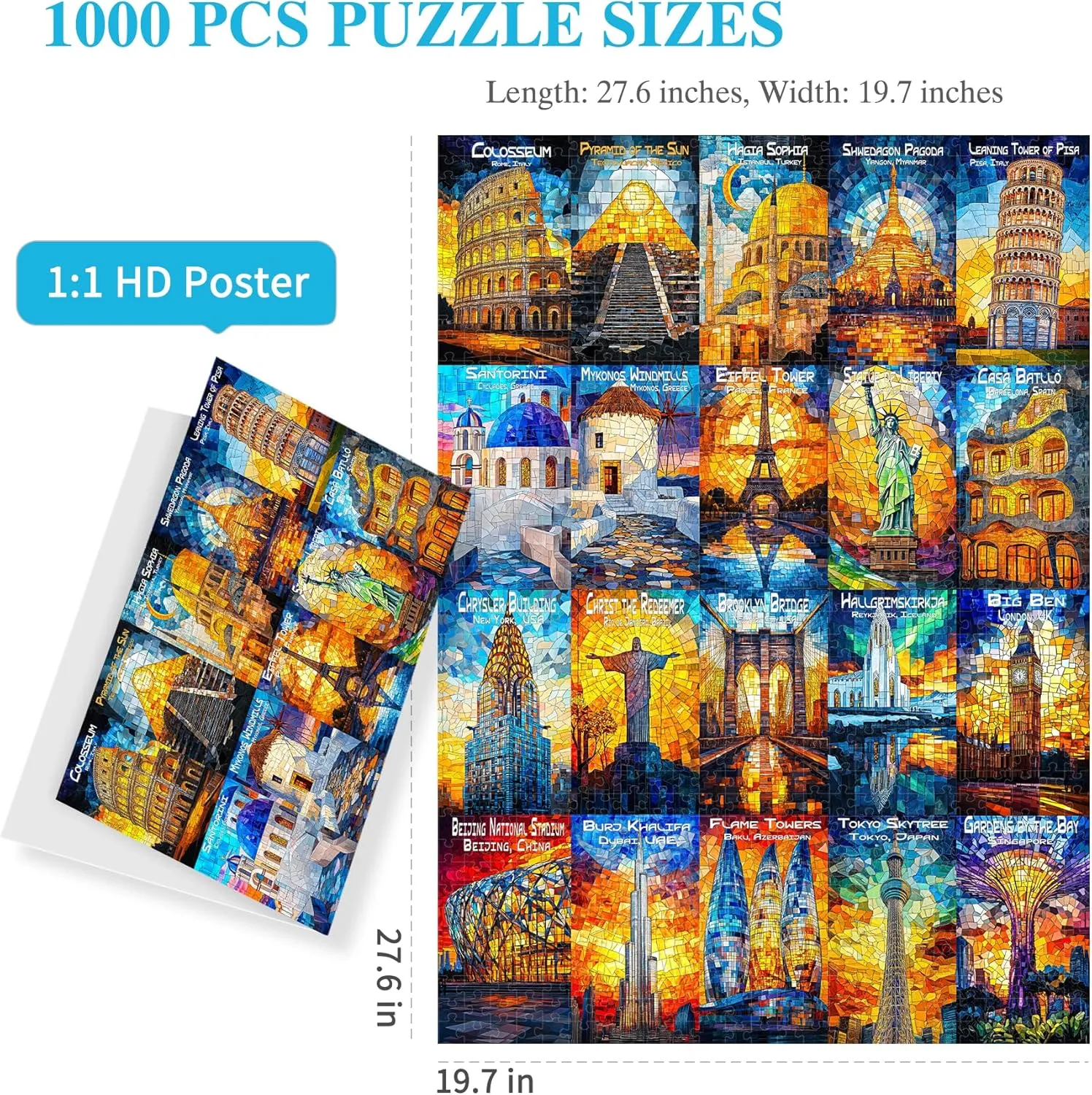 ALL4JIG World Landmark Fun Jigsaw Puzzles for Adults and Kids, 1000 Pieces, Christmas Secret Santa Gift, White Elephant Gifts for Dog Lovers, Number Partitioned for Easy Solving