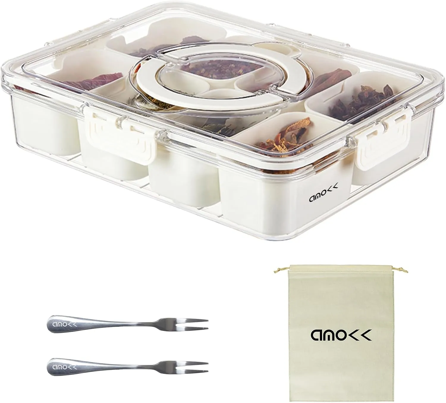 amokk Divided Serving Tray with Lid and Handle Snackle Box Charcuterie Container Portable Snack Platters Organizer for Candy, Fruits, Nuts, Snacks, for Party, Entertaining, Picnic (8 Compartments)