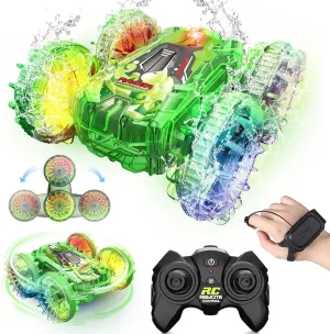 Amphibious Remote Control Car, 2.4GHz RC Boat 4WD Waterproof RC Car with Lights, Remote Control Trucks Stunt Car, Pool Toys Gifts for Kids Boys Girls Ages 6 7 8 9 10 11 12 (Green)