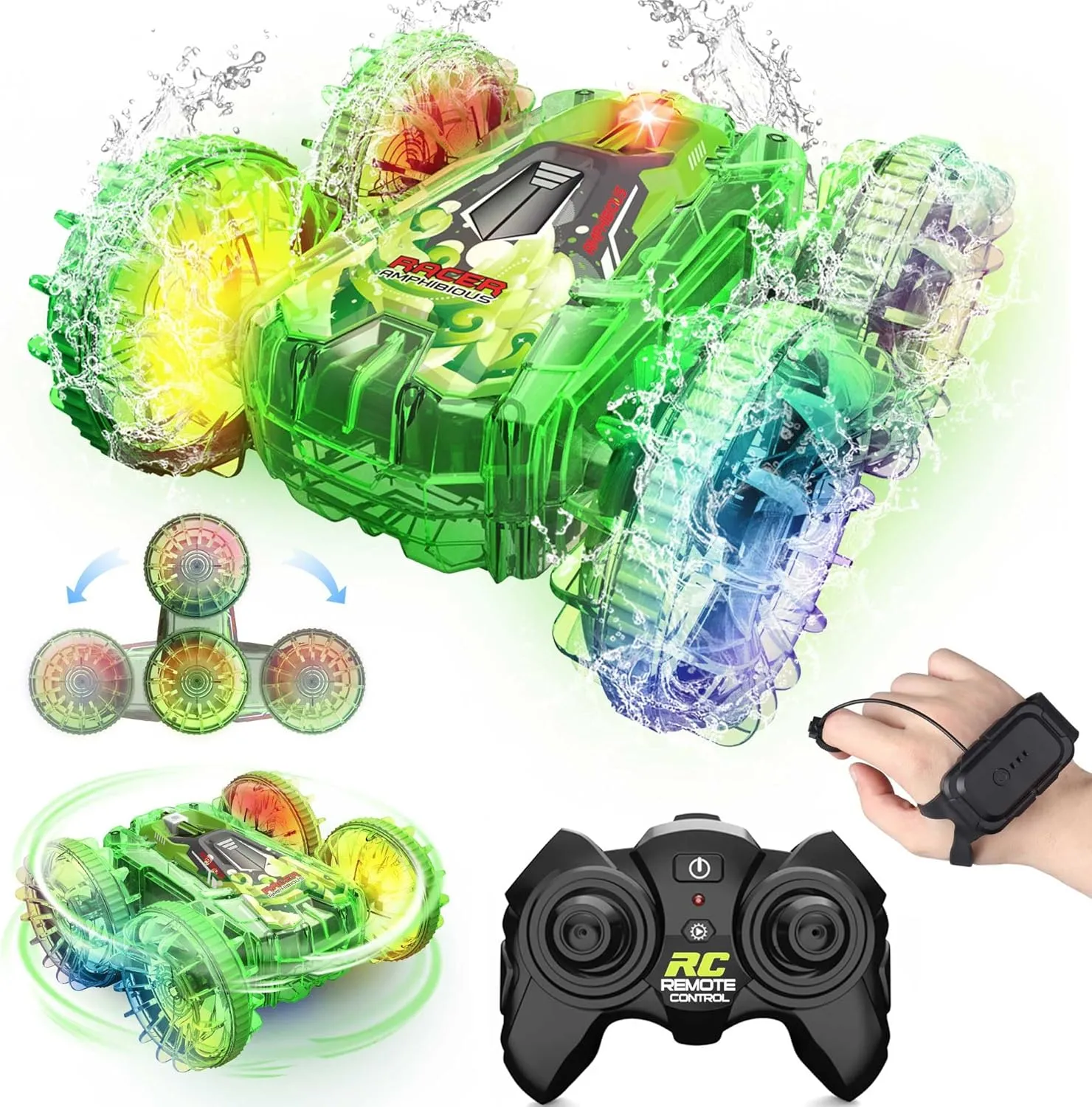 Amphibious Remote Control Car, 2.4GHz RC Boat 4WD Waterproof RC Car with Lights, Remote Control Trucks Stunt Car, Pool Toys Gifts for Kids Boys Girls Ages 6 7 8 9 10 11 12 (Green)