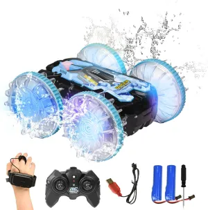 Amphibious Remote Control Car, 4WD 2.4GHz Waterproof RC Stunt Car Gesture RC Car Boat with LED Lights All Terrain Beach Pool Toys Gift for Kids Girls Boys 6-12