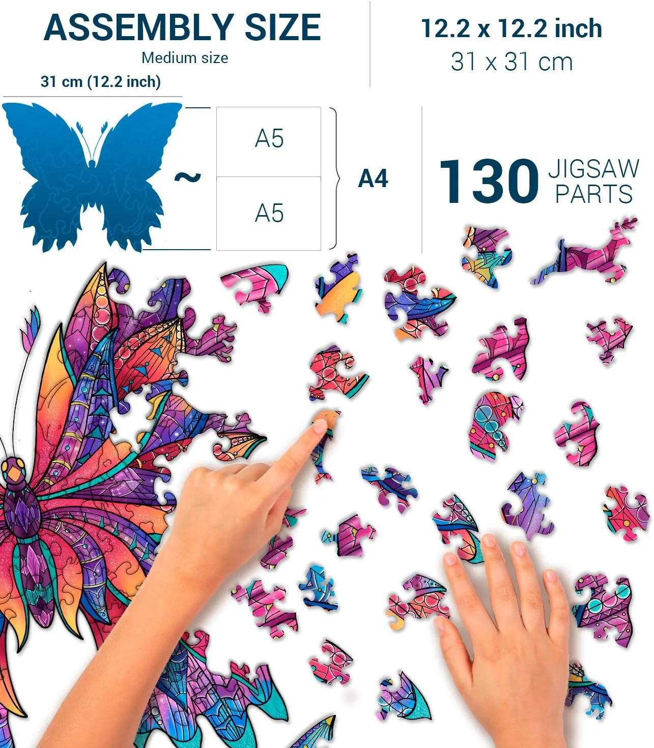 Animal Wooden Jigsaw Puzzles for Kids (12  Years) Adult, Teens, Family; Majestic Animal Shaped Natural Wood Puzzle, Medium Level,12.2x12.2 in. (31x31 cm),130 pcs, L - Size – Butterfly