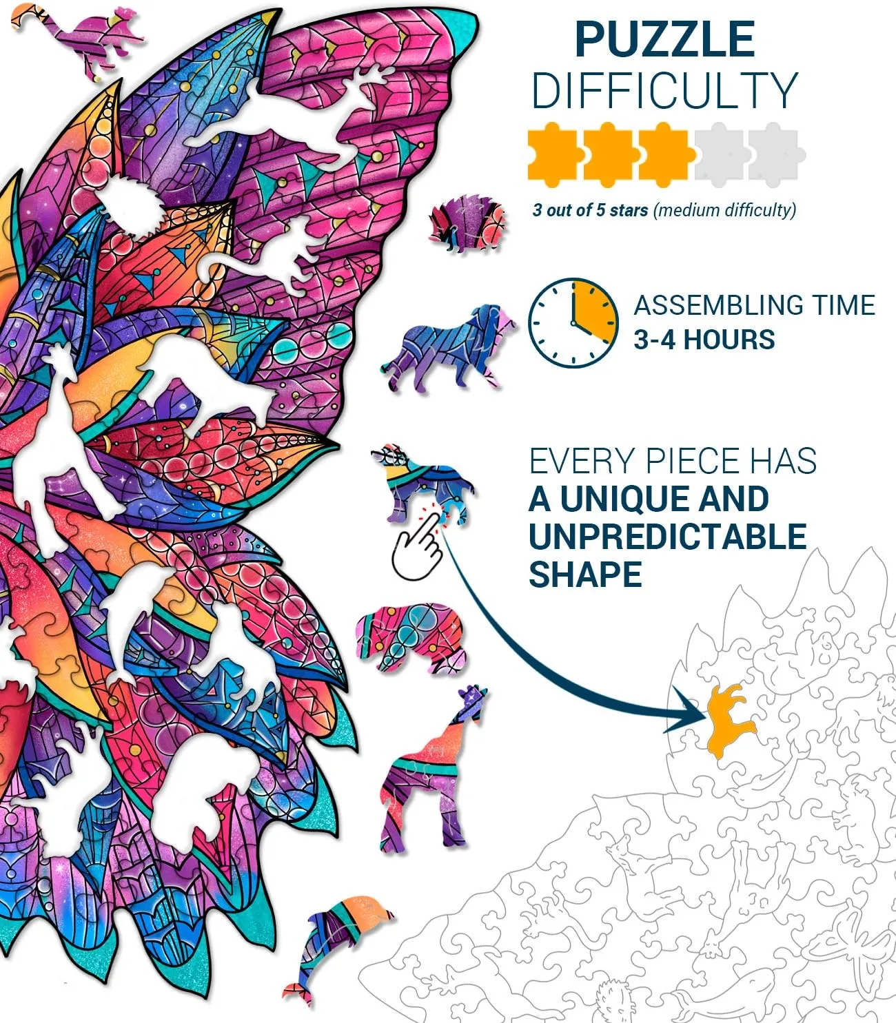 Animal Wooden Jigsaw Puzzles for Kids (12  Years) Adult, Teens, Family; Majestic Animal Shaped Natural Wood Puzzle, Medium Level,12.2x12.2 in. (31x31 cm),130 pcs, L - Size – Butterfly