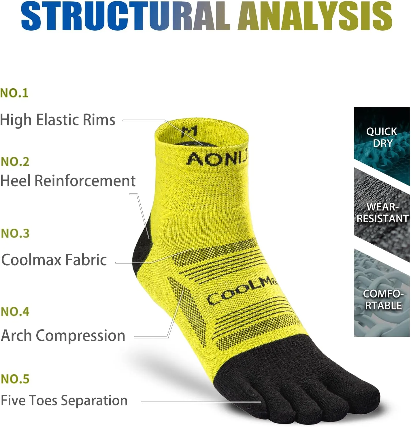 AONIJIE Toe Socks for Men and Women Athletic Hiking Coolmax Socks with toes - Soft Comfortable and Moisture Wicking