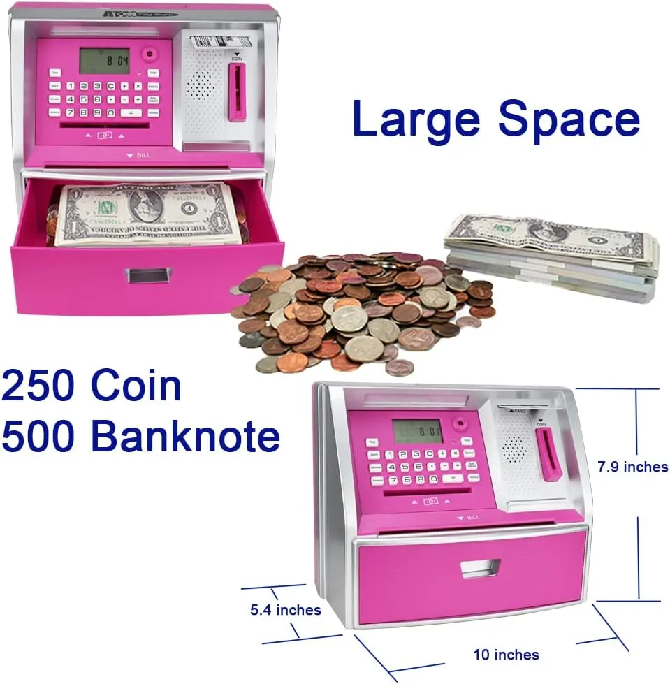 ApgBnk Kids Piggy Bank for Girls - Electronic Coin Counter and ATM Bank for Kids, Toy Gfit for 5-12 Years Old Girls (Silver/Pink)