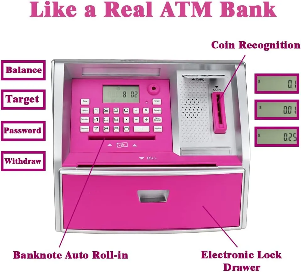 ApgBnk Kids Piggy Bank for Girls - Electronic Coin Counter and ATM Bank for Kids, Toy Gfit for 5-12 Years Old Girls (Silver/Pink)