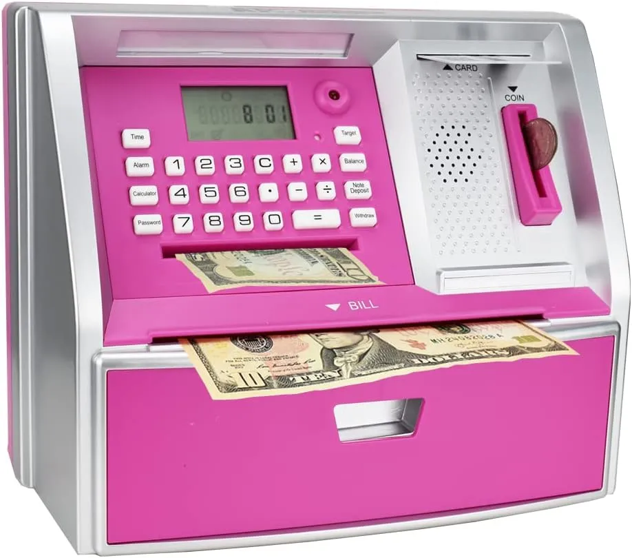 ApgBnk Kids Piggy Bank for Girls - Electronic Coin Counter and ATM Bank for Kids, Toy Gfit for 5-12 Years Old Girls (Silver/Pink)