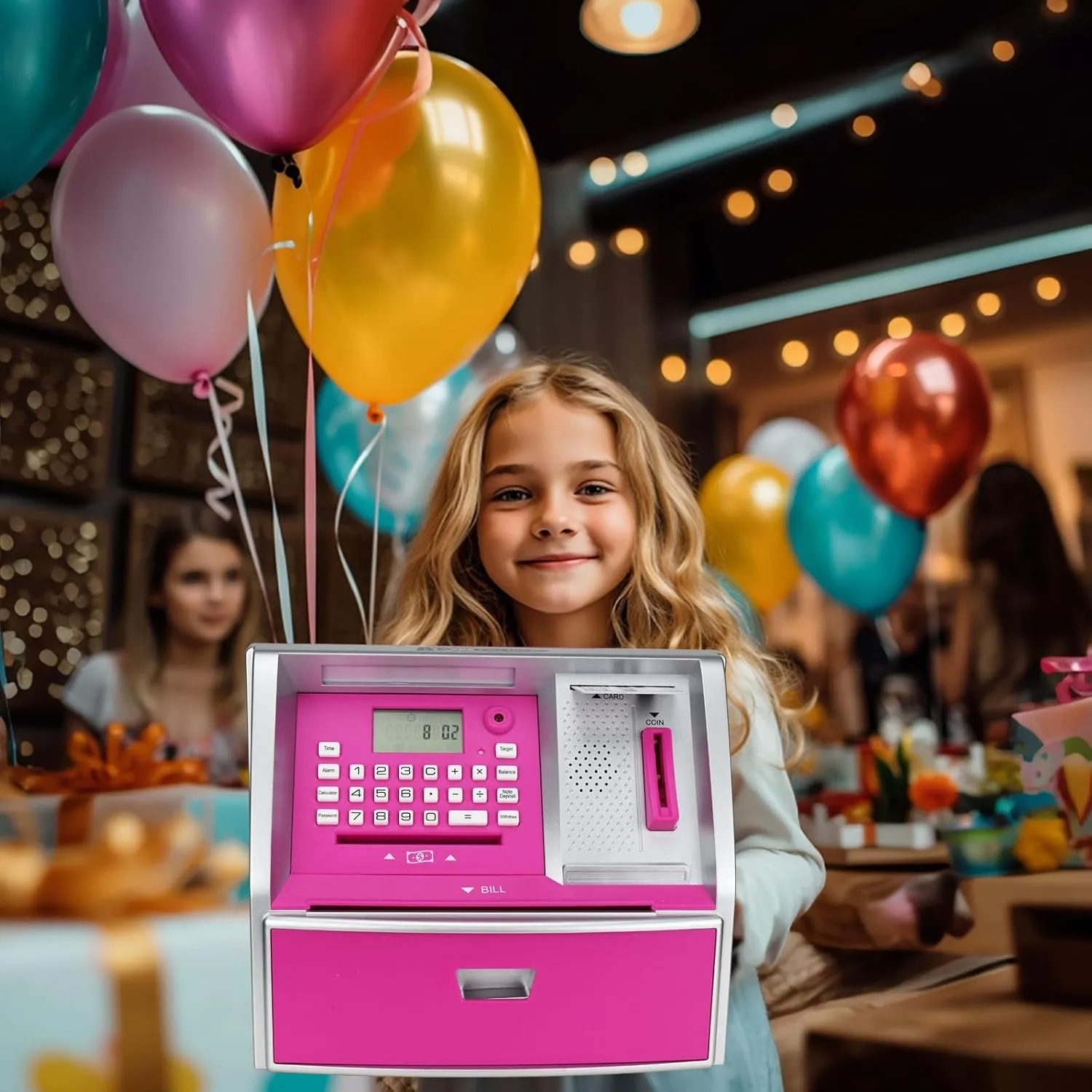 ApgBnk Kids Piggy Bank for Girls - Electronic Coin Counter and ATM Bank for Kids, Toy Gfit for 5-12 Years Old Girls (Silver/Pink)