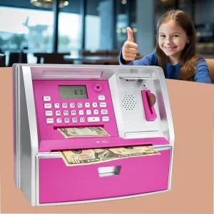 ApgBnk Kids Piggy Bank for Girls - Electronic Coin Counter and ATM Bank for Kids, Toy Gfit for 5-12 Years Old Girls (Silver/Pink)