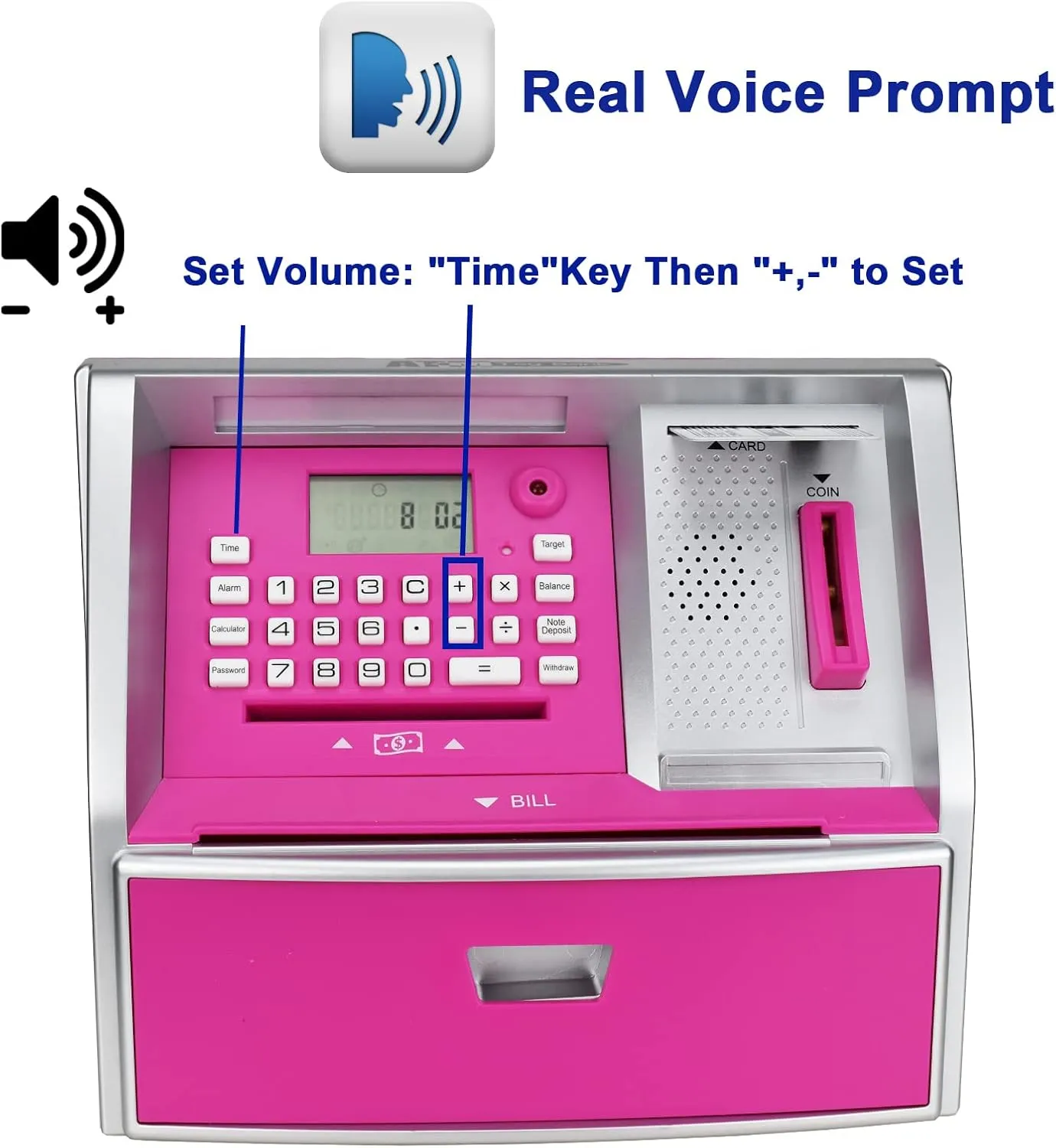 ApgBnk Kids Piggy Bank for Girls - Electronic Coin Counter and ATM Bank for Kids, Toy Gfit for 5-12 Years Old Girls (Silver/Pink)