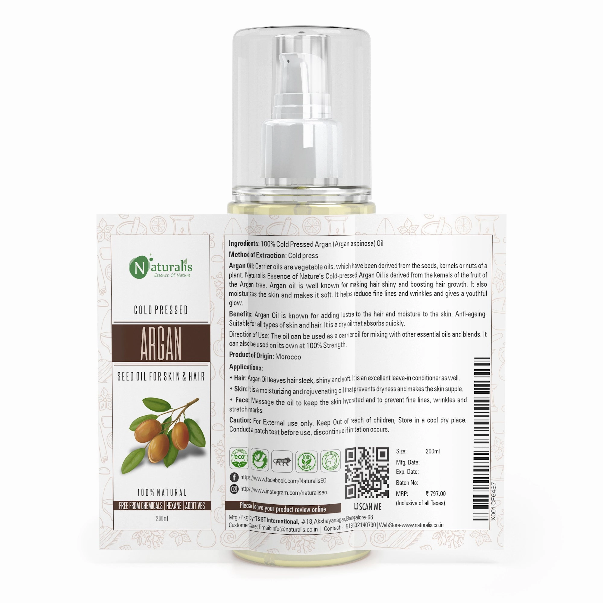 Argan Oil, Moroccan Cold Pressed Carrier Oil for for Hair, Skin & Anti-Ageing Face Care - 200ml