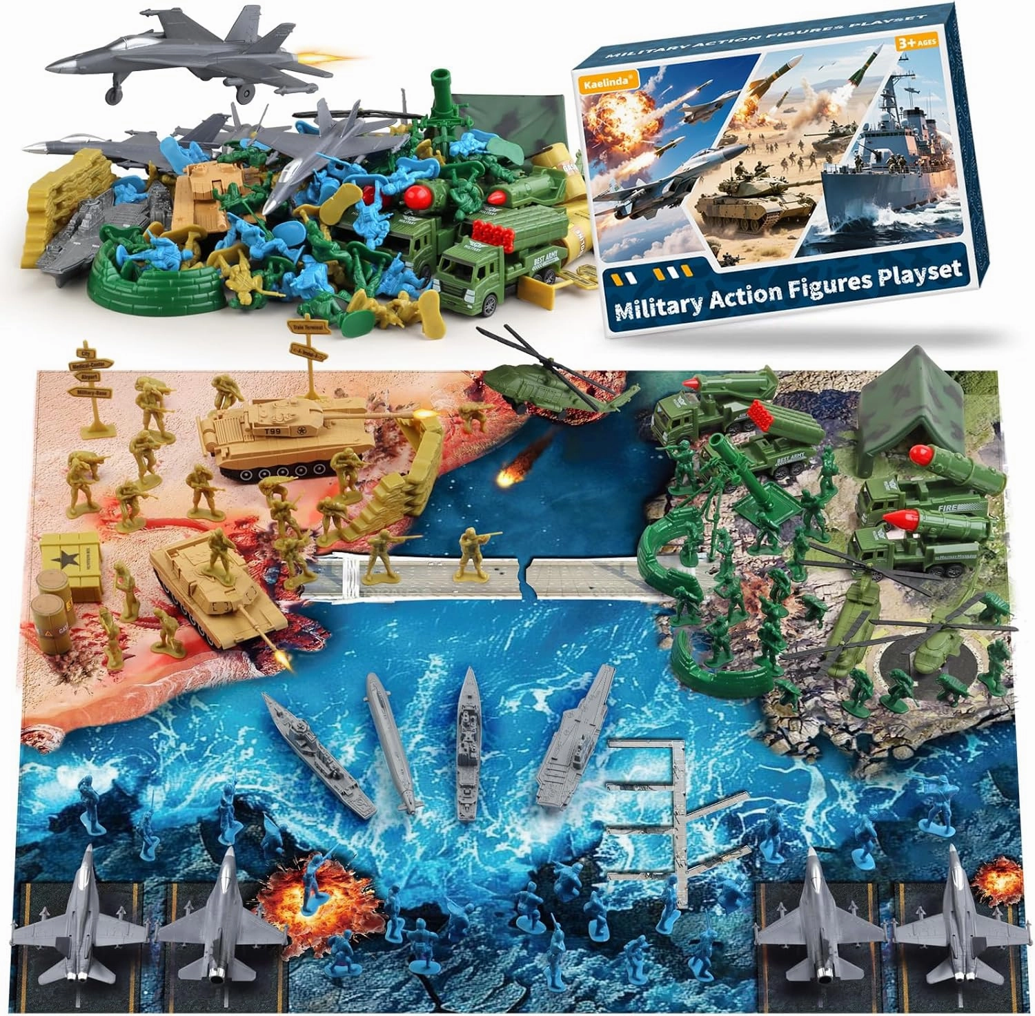 Army Men Action Figures, Army Toys for Boys Age 4-7 6-8 8-12, Toy Soldiers Playset Including Military Action Figures, Battle Mat & Weapon Gear Accessories, Green Army Guys Toys for Kids