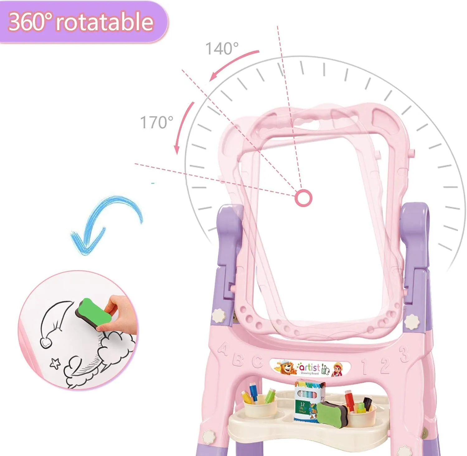 Art Easel for Kids, Adjustable Standing Rotatable Double Sided Easel with Painting Accessories for Toddlers Boys and Girls-Pink