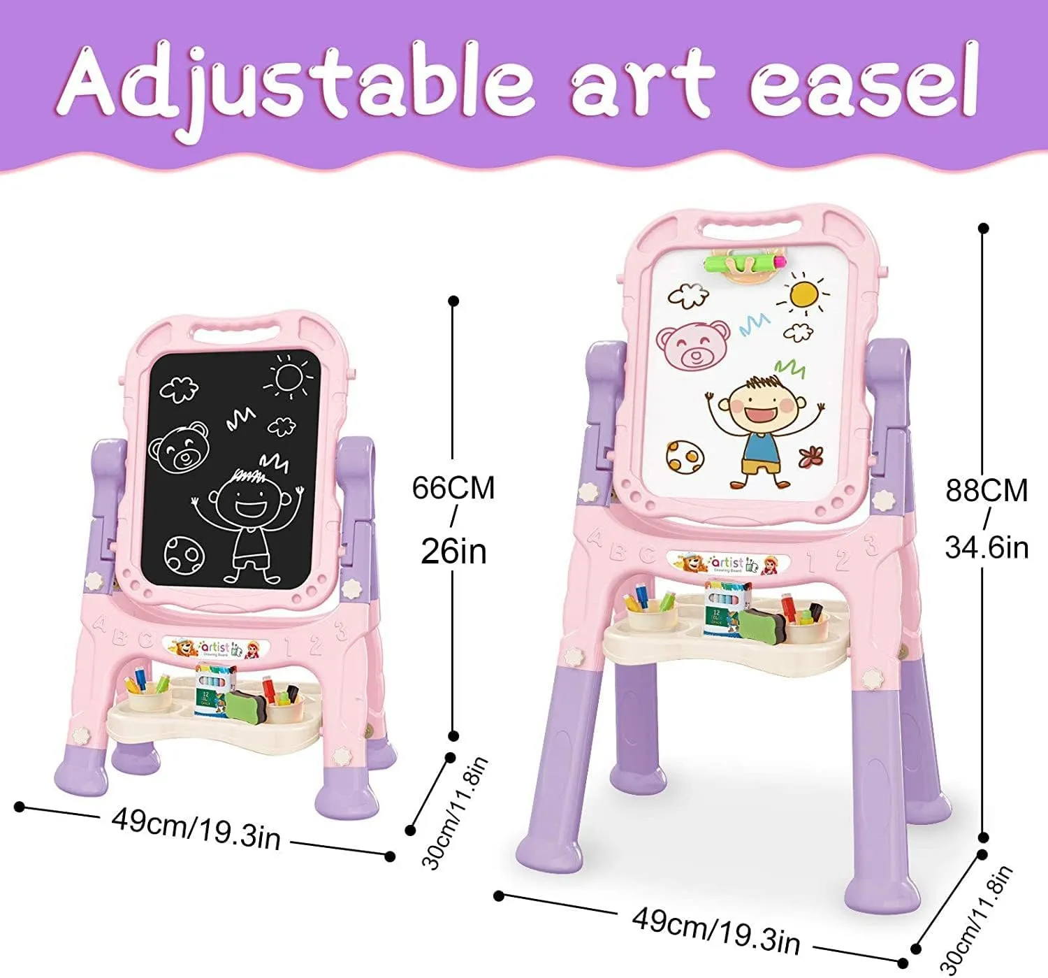 Art Easel for Kids, Adjustable Standing Rotatable Double Sided Easel with Painting Accessories for Toddlers Boys and Girls-Pink