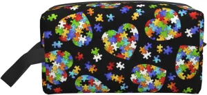 Autism Awareness Puzzle Pieces Heart Print Travel Toiletry Organizer Bag, Cosmetic & Storage Pouch For Travel And Daily Use