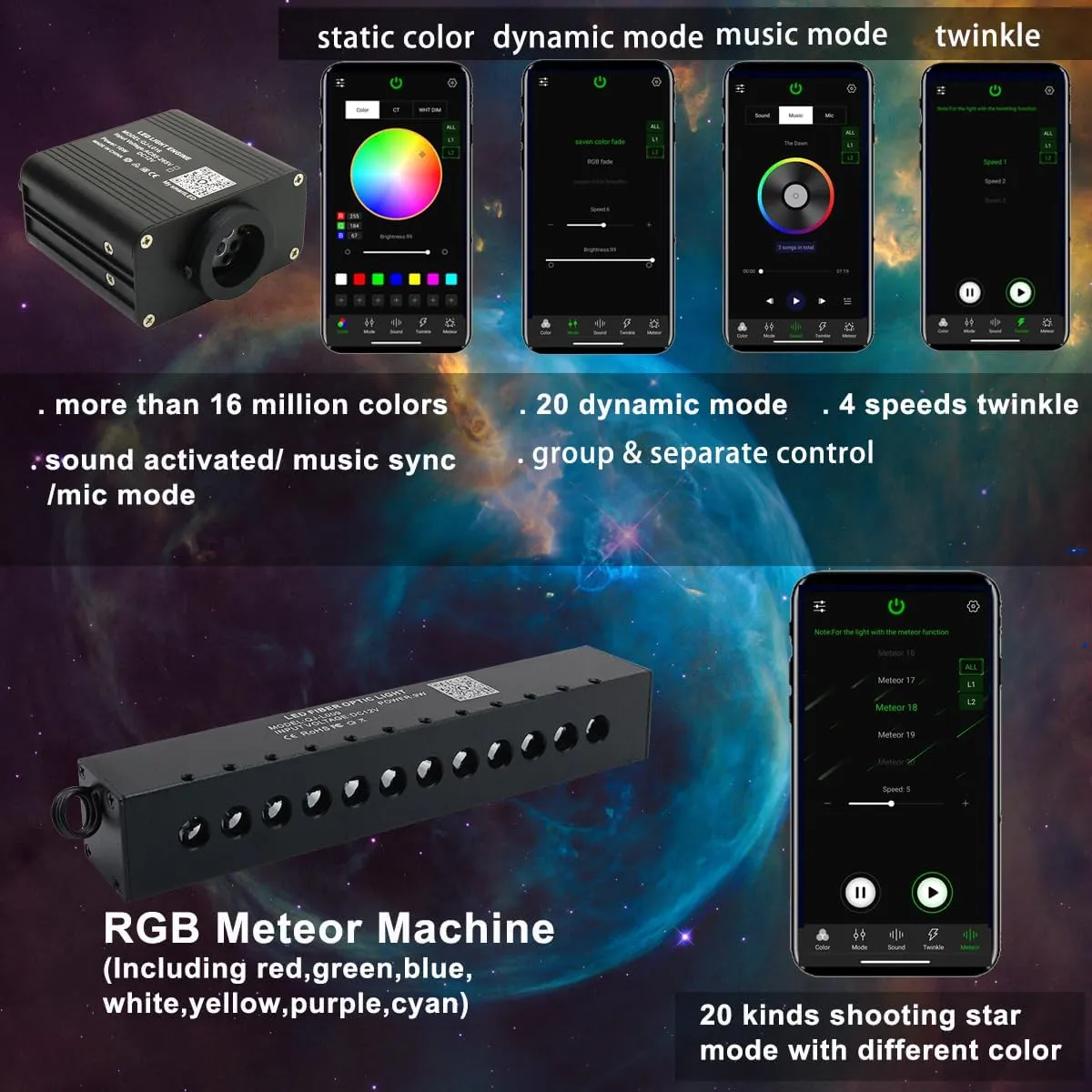 AZIMOM 16W Twinkle & Sound Activate 550pcs*0.03in*9.8ft Fiber Optic Starlight Headliner Kits RGB Meteor Shooting Star,APP& Remote Control Light Engine End Glow Fiber Strands Home Car Ceiling Décor