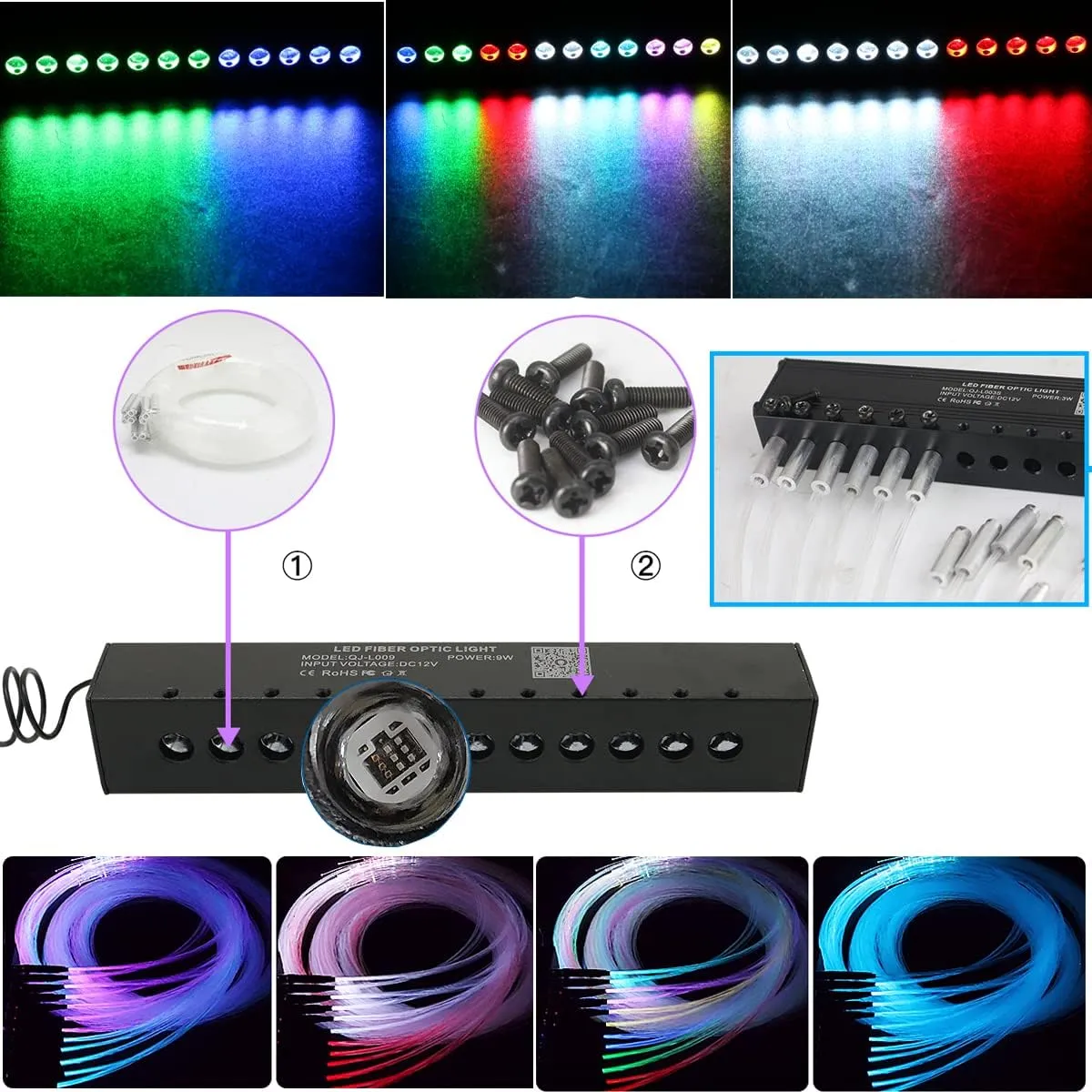 AZIMOM 16W Twinkle & Sound Activate 550pcs*0.03in*9.8ft Fiber Optic Starlight Headliner Kits RGB Meteor Shooting Star,APP& Remote Control Light Engine End Glow Fiber Strands Home Car Ceiling Décor