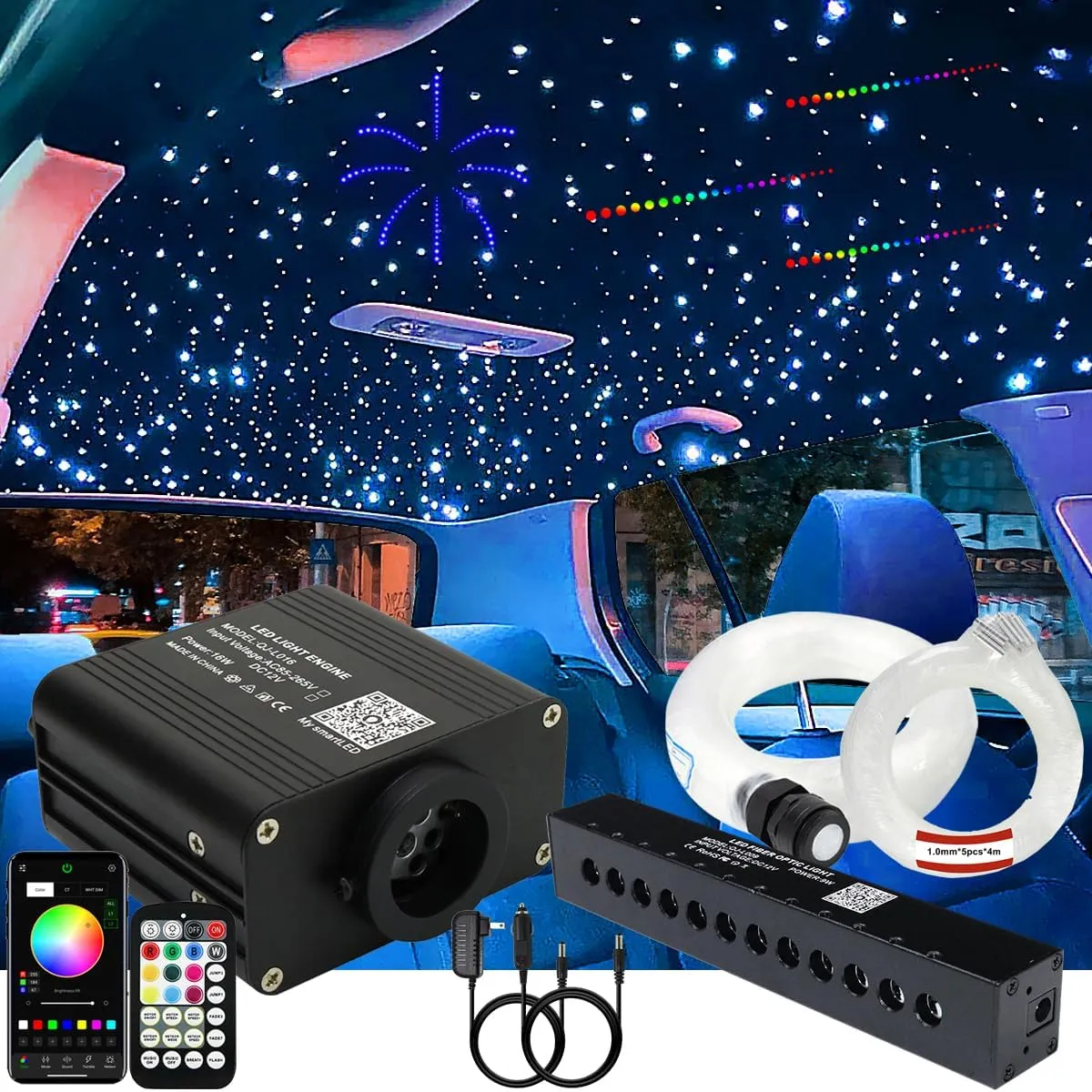 AZIMOM 16W Twinkle & Sound Activate 550pcs*0.03in*9.8ft Fiber Optic Starlight Headliner Kits RGB Meteor Shooting Star,APP& Remote Control Light Engine End Glow Fiber Strands Home Car Ceiling Décor