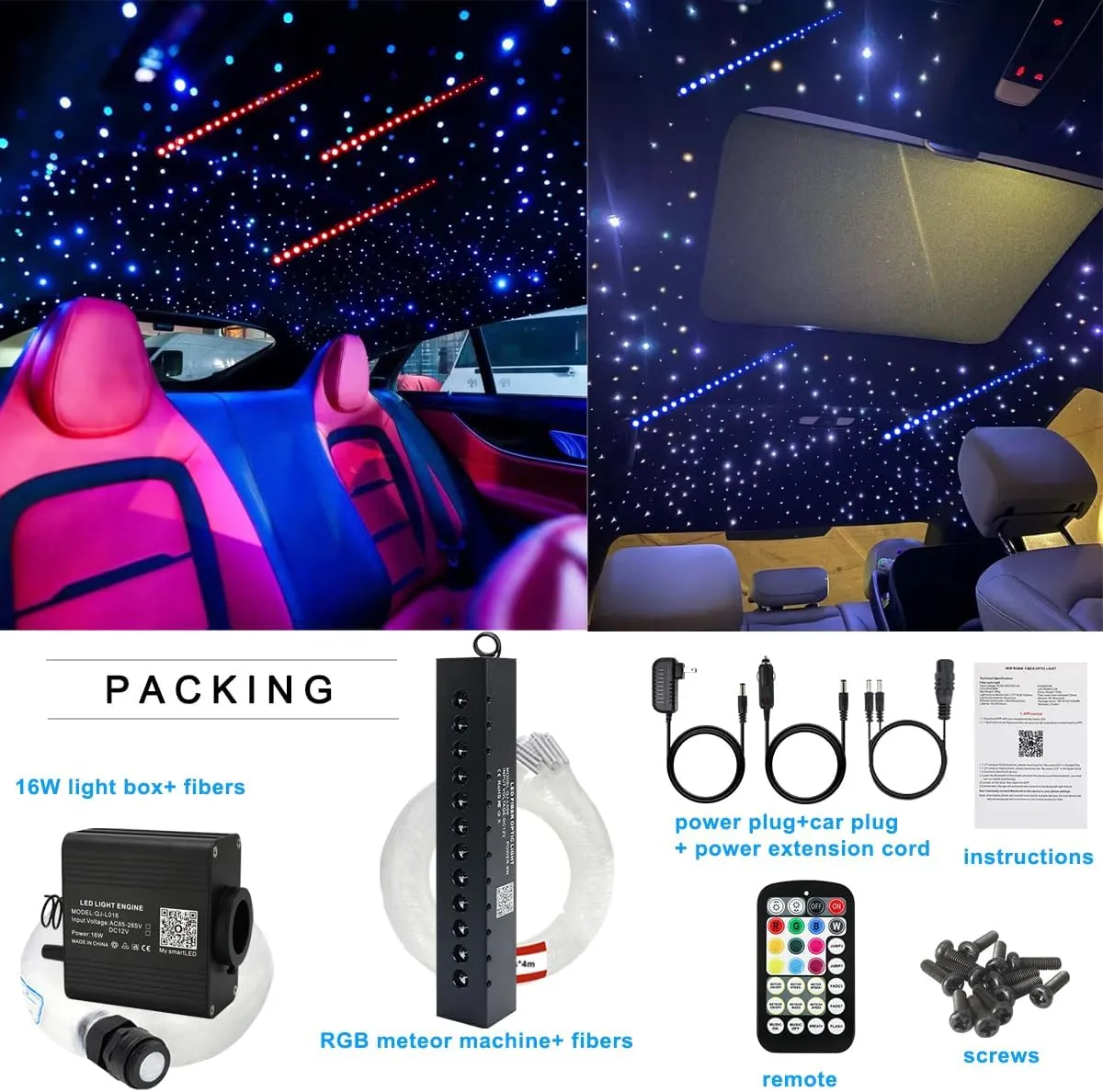 AZIMOM 16W Twinkle & Sound Activate 550pcs*0.03in*9.8ft Fiber Optic Starlight Headliner Kits RGB Meteor Shooting Star,APP& Remote Control Light Engine End Glow Fiber Strands Home Car Ceiling Décor