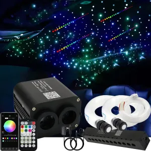 AZIMOM Dual Color 20w Twinkle Fiber Optic Starlight Headliner Kits 600pcs 0.03in 9.8ft, RGB Meteor Shooting Star, Sound Activated Remote APP Control Home Car Ceiling Décor