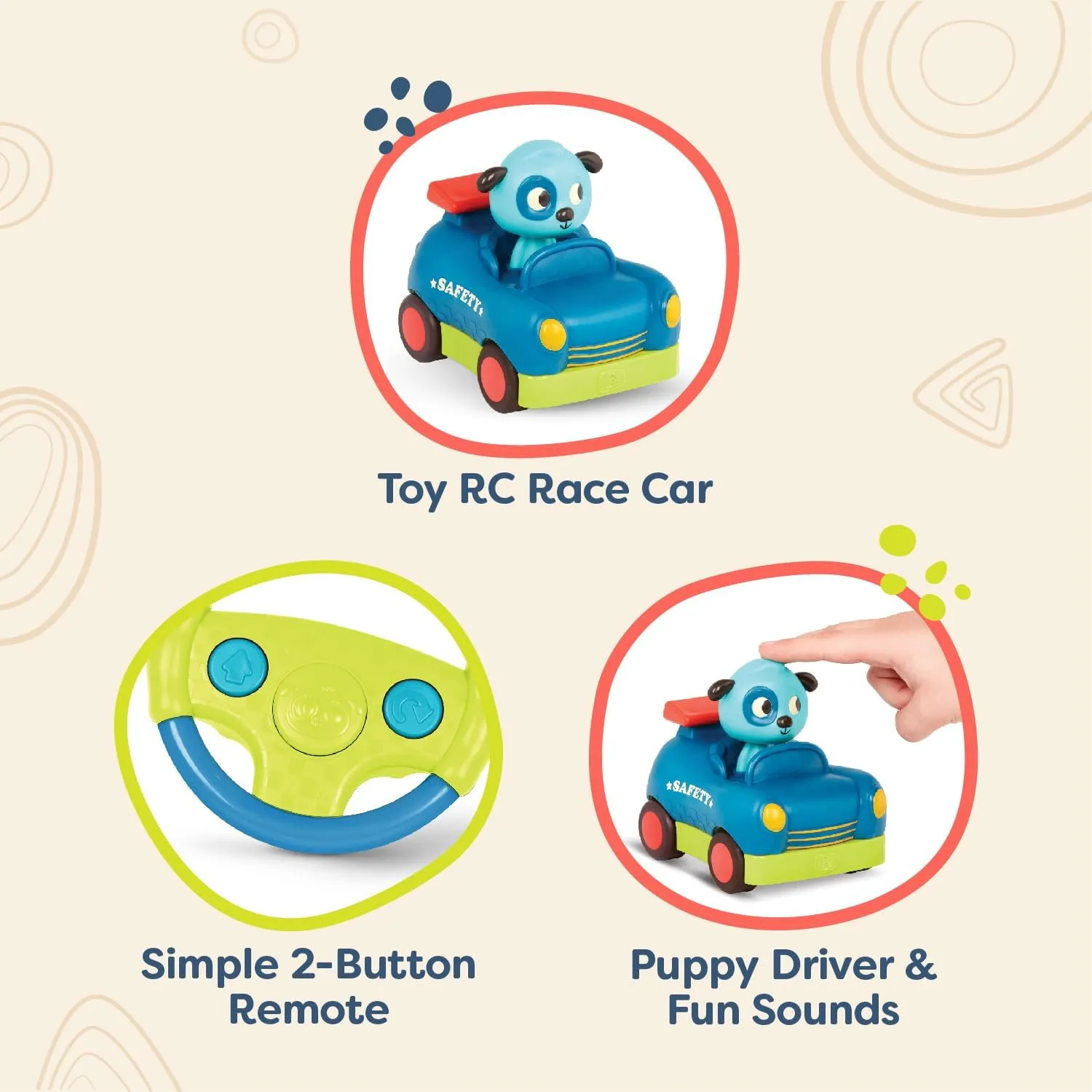 B. toys – Remote Control Car – Toy Race Car for Toddlers, Kids – Remote with 2 Big Buttons – Fast RC Car with Fun Sounds – 2 Years   – Riding Racers - Woofer