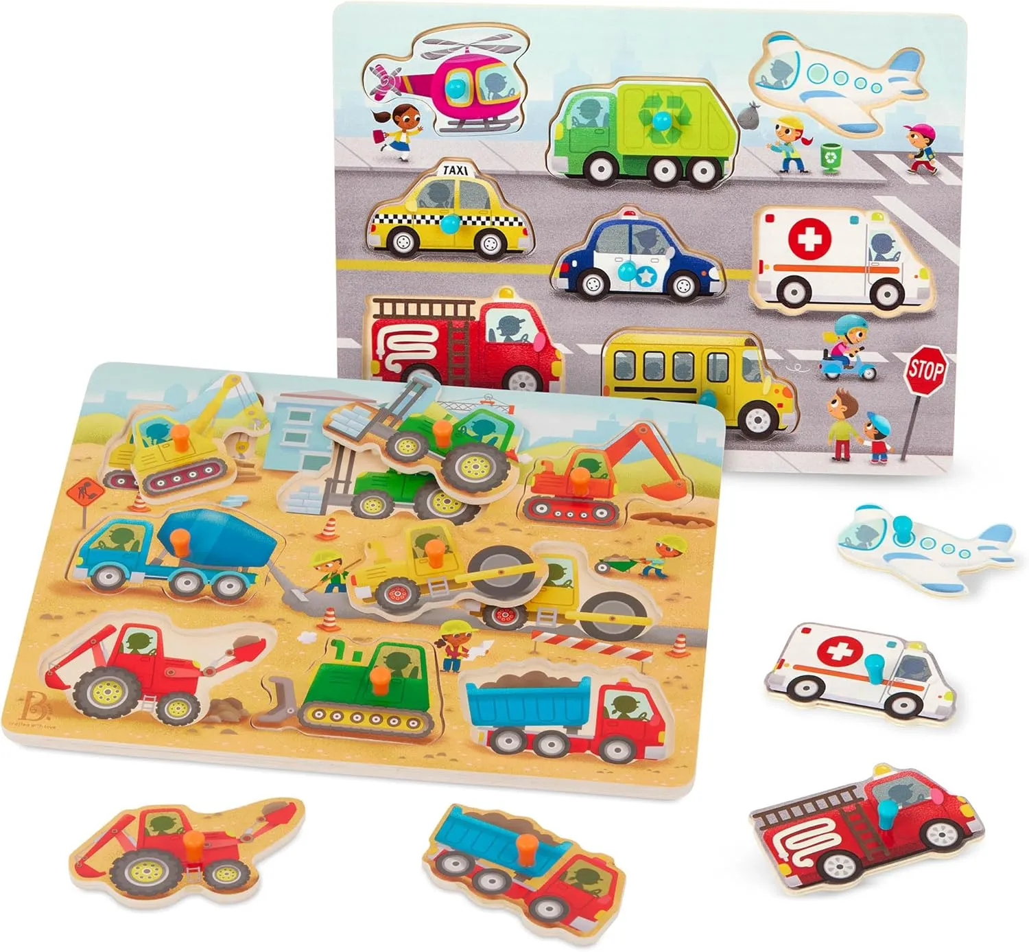 B. toys – Wooden Peg Puzzles – Construction Trucks & Cars Puzzles – 8-Piece Puzzles for Toddlers, Kids – Cars, Vehicles, Construction Trucks – 2 Years  