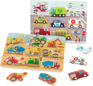 B. toys – Wooden Peg Puzzles – Construction Trucks & Cars Puzzles – 8-Piece Puzzles for Toddlers, Kids – Cars, Vehicles, Construction Trucks – 2 Years  