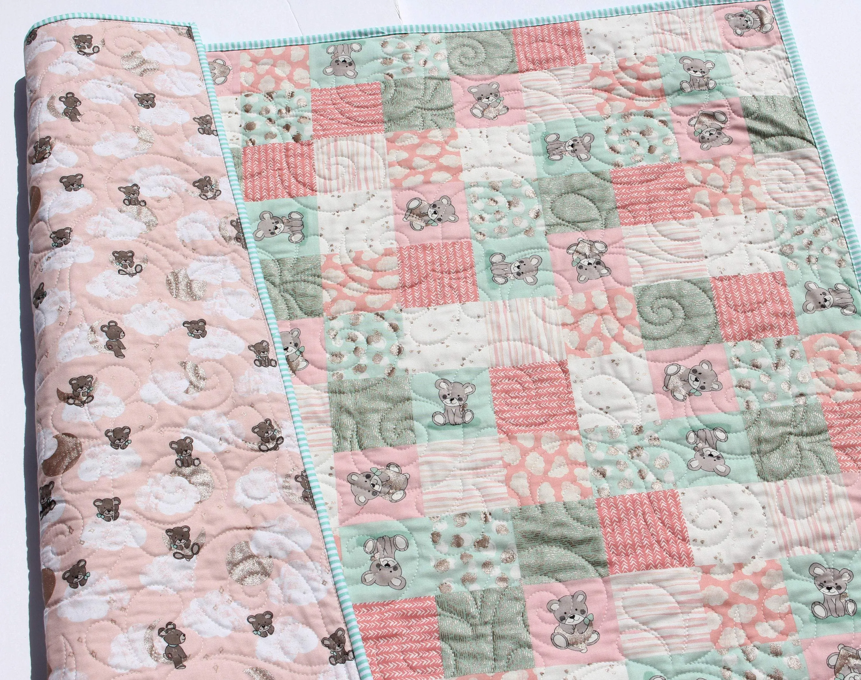Baby Girl Quilt, Handmade Newborn Blanket, Coral Teddy Bear