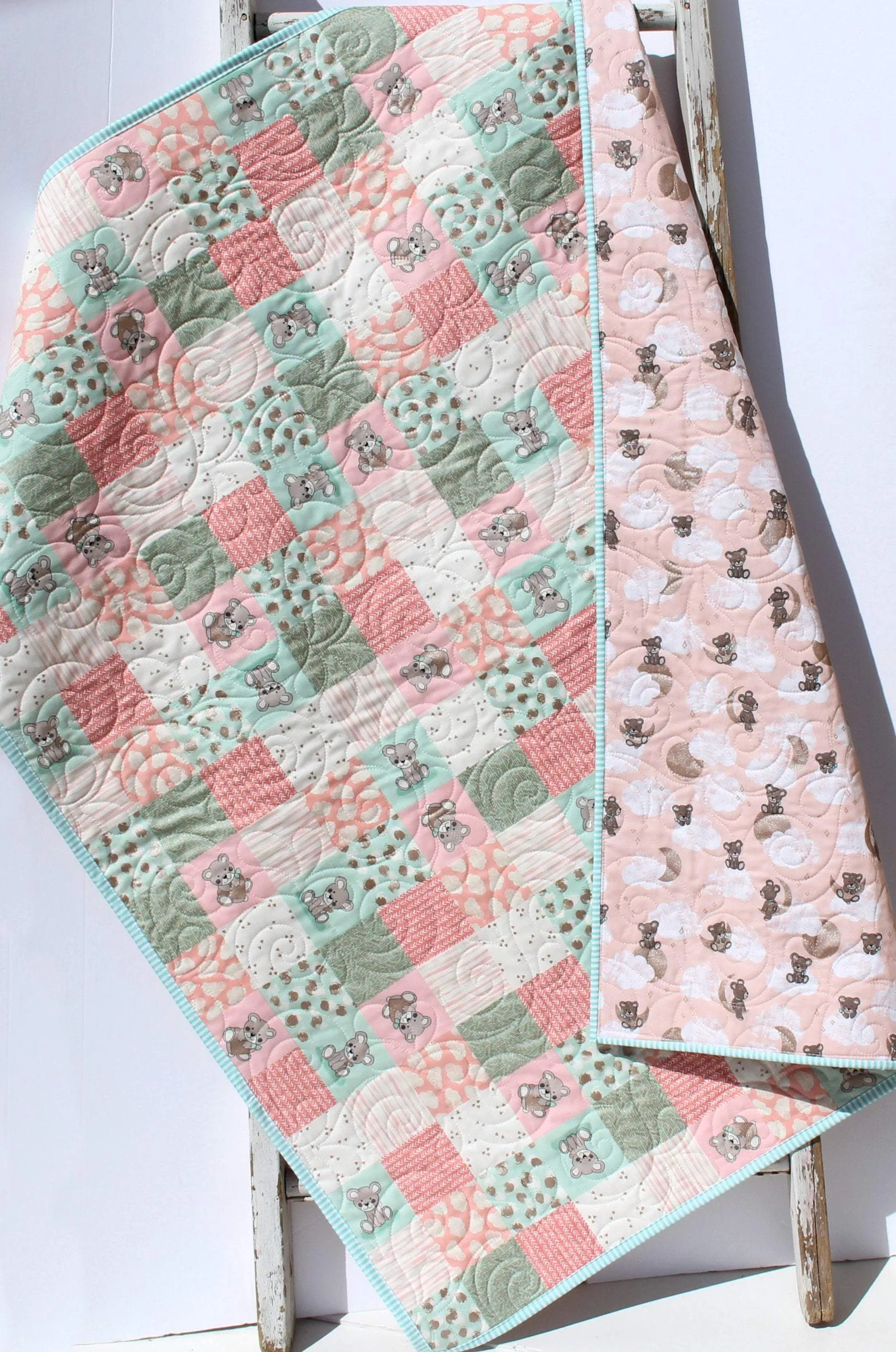 Baby Girl Quilt, Handmade Newborn Blanket, Coral Teddy Bear