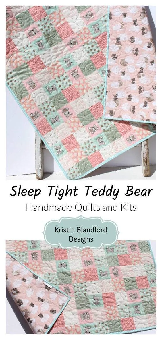 Baby Girl Quilt, Handmade Newborn Blanket, Coral Teddy Bear