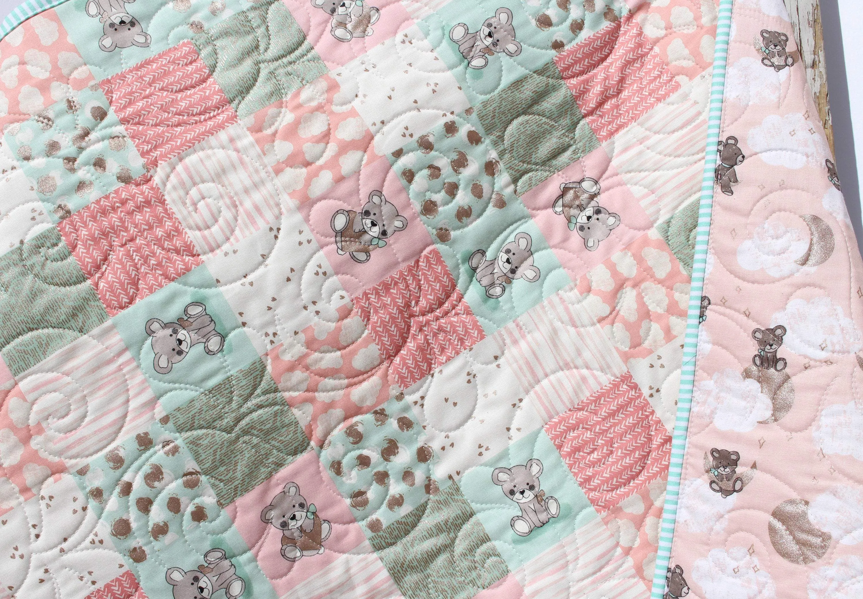 Baby Girl Quilt, Handmade Newborn Blanket, Coral Teddy Bear