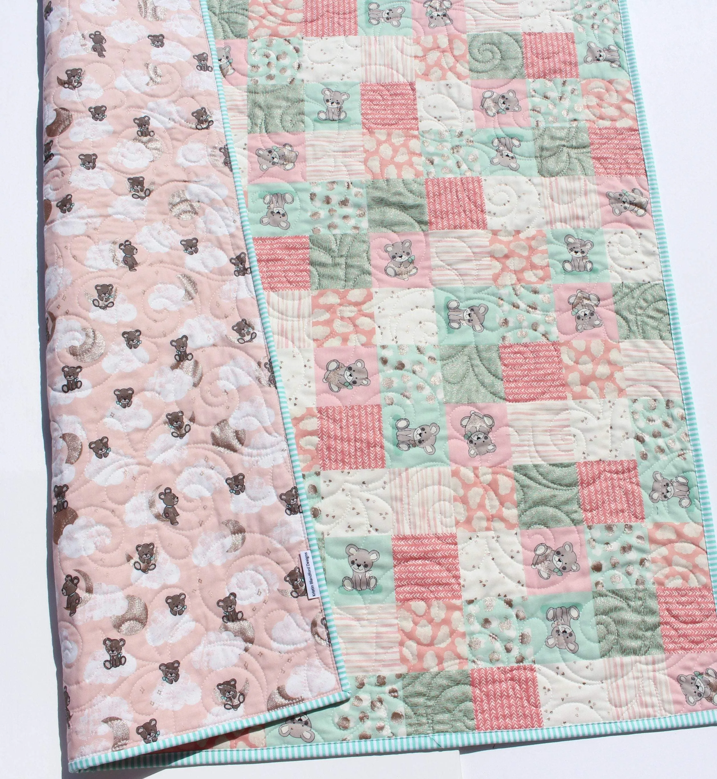 Baby Girl Quilt, Handmade Newborn Blanket, Coral Teddy Bear
