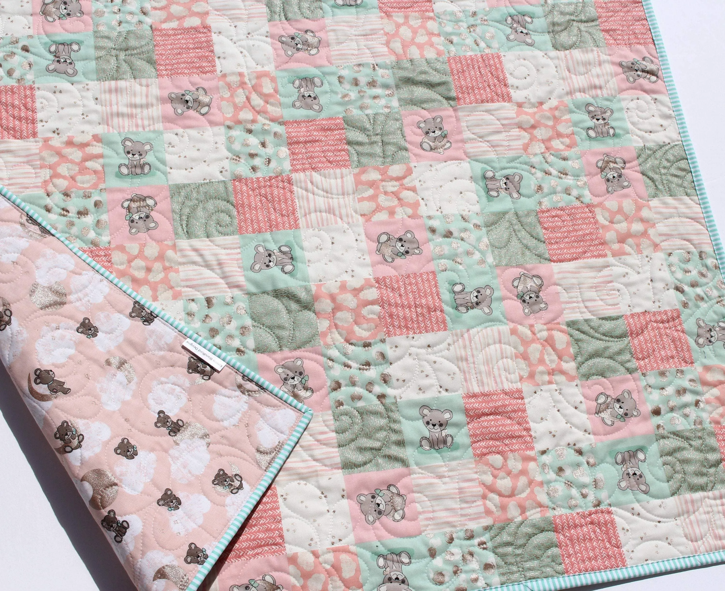 Baby Girl Quilt, Handmade Newborn Blanket, Coral Teddy Bear