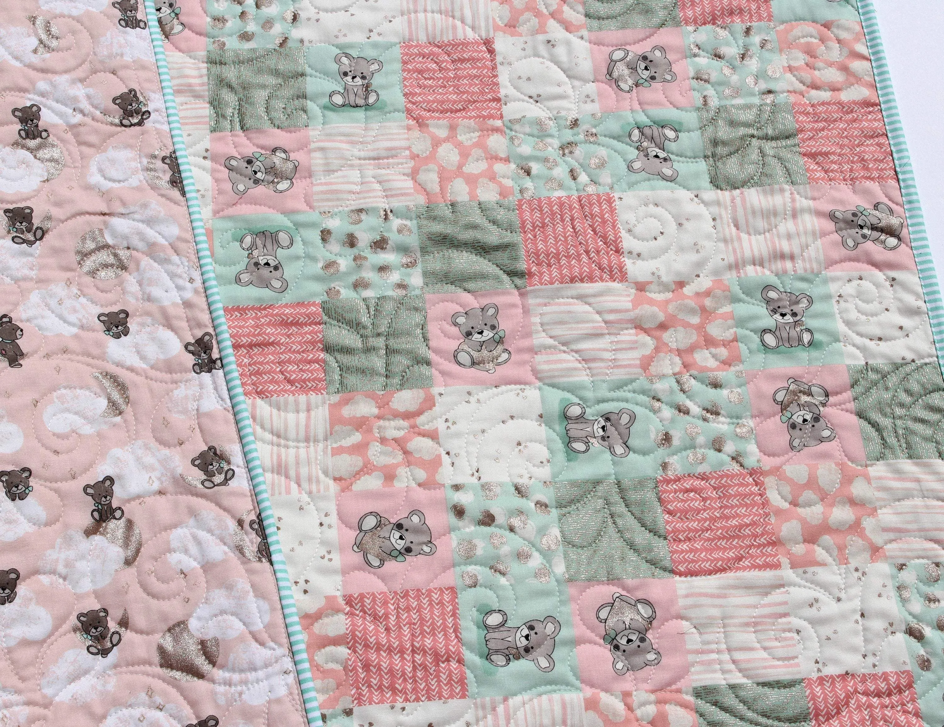 Baby Girl Quilt, Handmade Newborn Blanket, Coral Teddy Bear