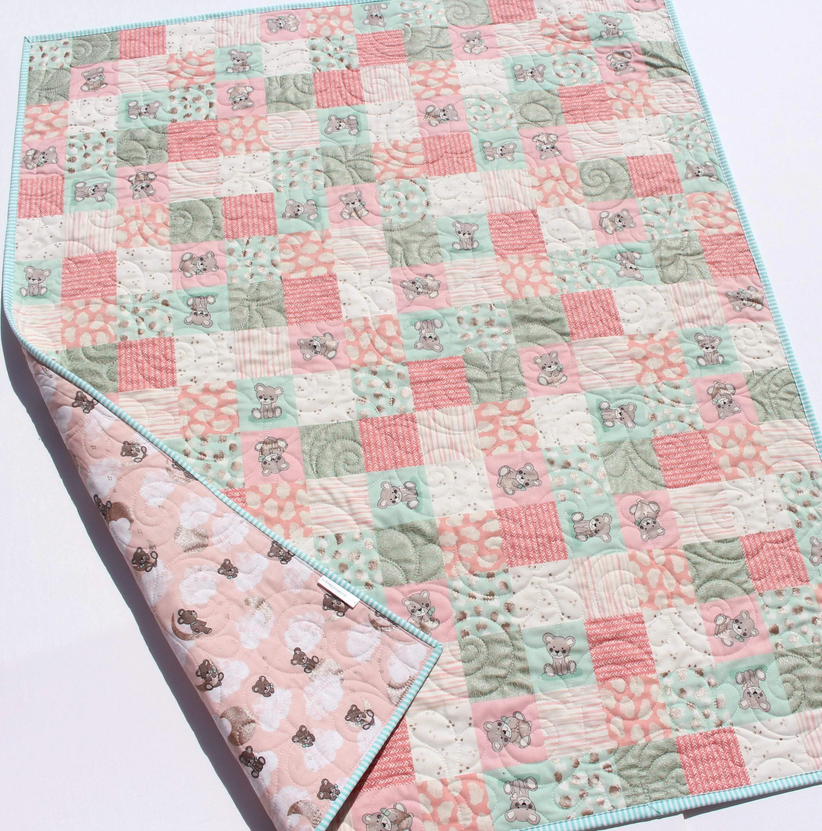 Baby Girl Quilt, Handmade Newborn Blanket, Coral Teddy Bear