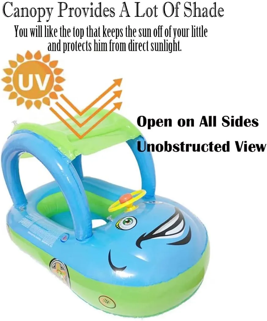Baby Pool Float with Canopy Summer Steering Wheel Sunshade Swim Ring Car Inflatable Toys Infants Float Seat Boat for Kids Toddlers