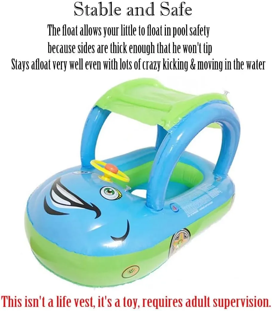 Baby Pool Float with Canopy Summer Steering Wheel Sunshade Swim Ring Car Inflatable Toys Infants Float Seat Boat for Kids Toddlers