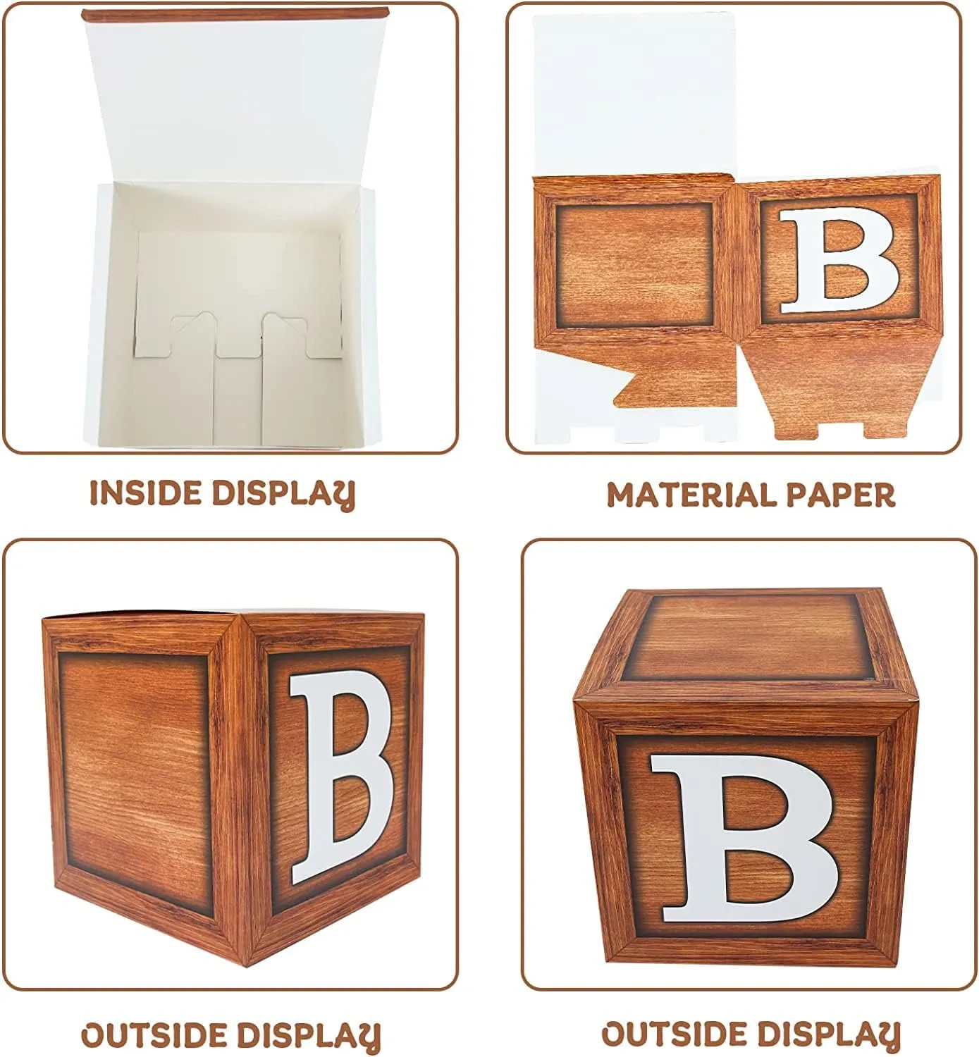 Baby Shower Boxes for Birthday Decorations – 4 Wood Grain Brown BABY Balloon Boxes, Baby Boxes for First Birthday Centerpiece Decor, Teddy Bear Baby Shower Supplies, Gender Reveal Backdrop