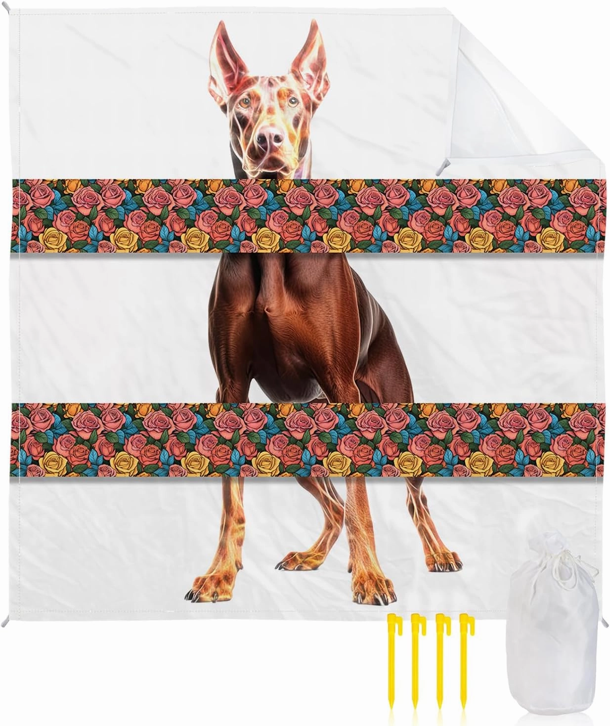 Beach Blanket Sandproof, Pet Dog Ears Overlay Retro Flower Stripes Waterproof Beach Mat Lightweight Quick Drying Picnic Blanket Beach Essentials for Travel Camping Hiking 83x79in