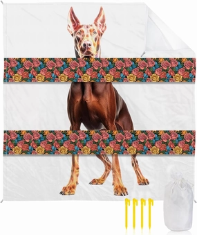 Beach Blanket Sandproof, Pet Dog Ears Overlay Retro Flower Stripes Waterproof Beach Mat Lightweight Quick Drying Picnic Blanket Beach Essentials for Travel Camping Hiking 83x79in