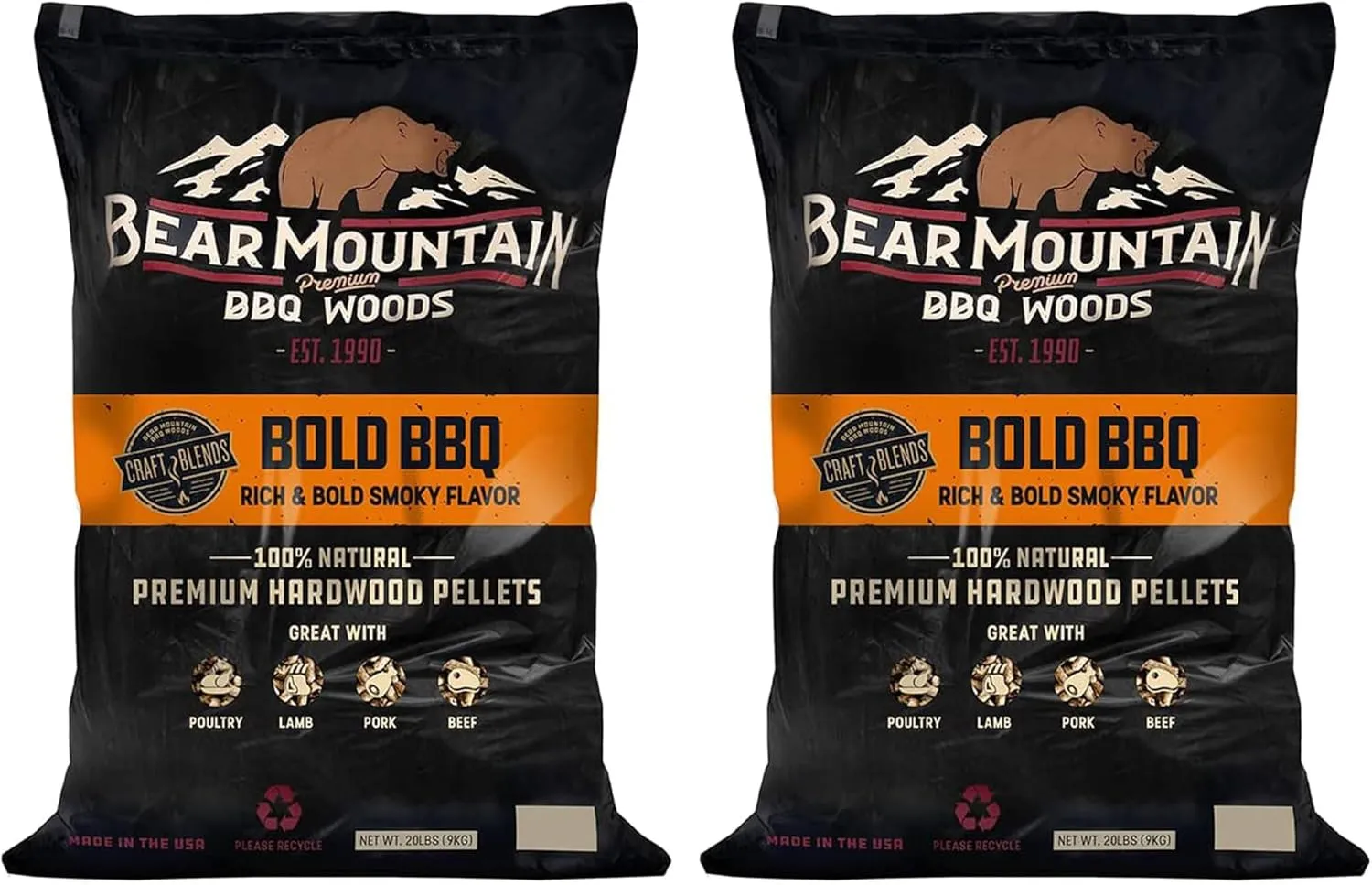Bear Mountain 2 Pack All Natural Wood Pellets for Smoker, Grill & BBQ, 20 Lbs, Bold