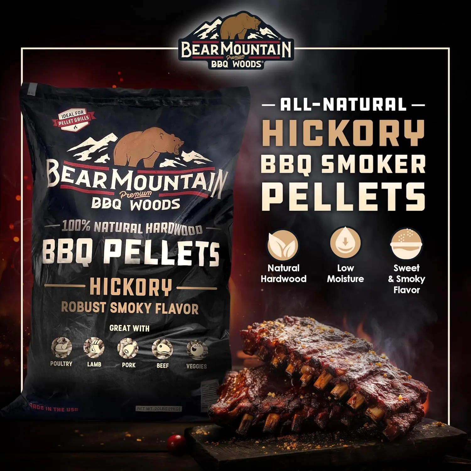 Bear Mountain All Natural Wood Pellets for Smoker, Grill & BBQ, 40 Lbs, Hickory - Premium Hardwood Barbecue Pellets for Indoor and Outdoor Grilling