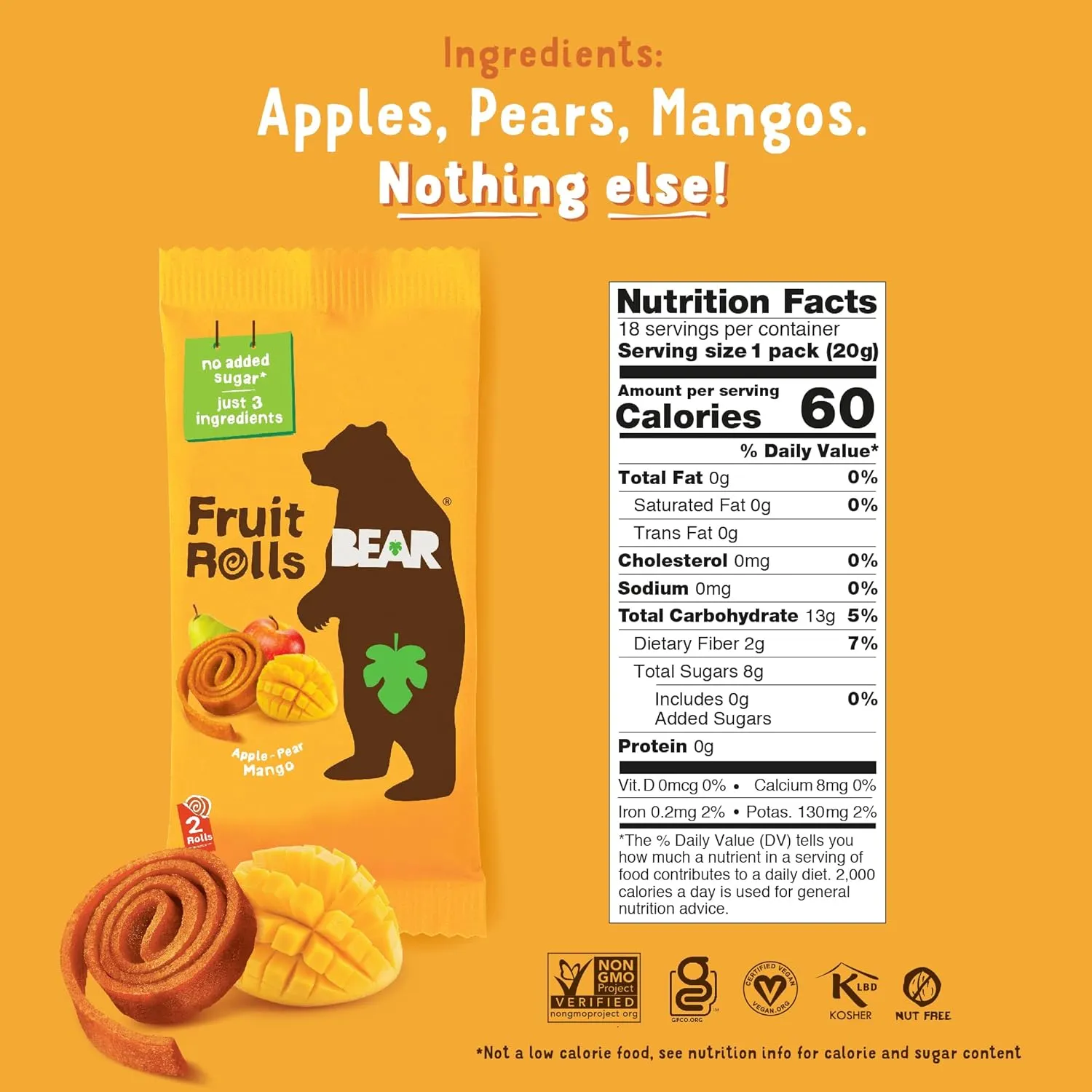 BEAR Real Fruit Snack Rolls - Gluten Free, Vegan, and Non-GMO - Mango – Healthy School And Lunch Snacks For Kids And Adults, 0.7 Ounce (Pack of 18)