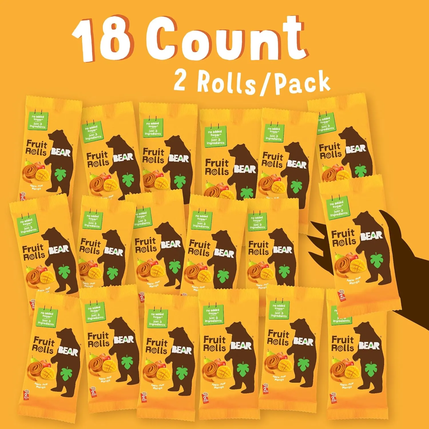 BEAR Real Fruit Snack Rolls - Gluten Free, Vegan, and Non-GMO - Mango – Healthy School And Lunch Snacks For Kids And Adults, 0.7 Ounce (Pack of 18)