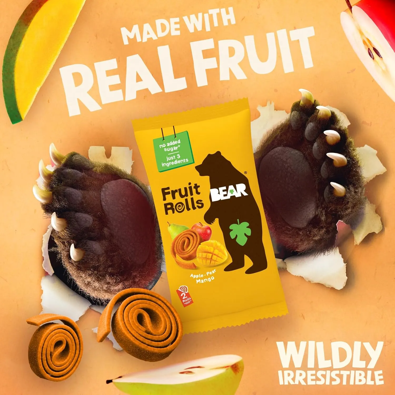 BEAR Real Fruit Snack Rolls - Gluten Free, Vegan, and Non-GMO - Mango – Healthy School And Lunch Snacks For Kids And Adults, 0.7 Ounce (Pack of 18)