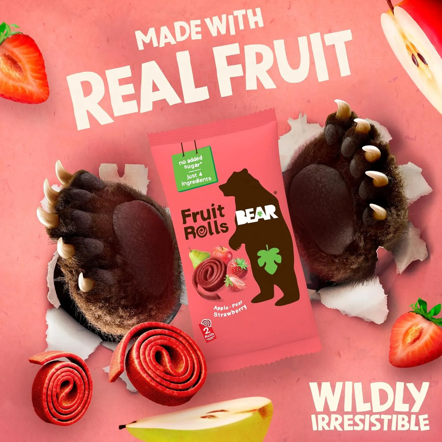 BEAR Real Fruit Snack Rolls - Gluten Free, Vegan, and Non-GMO - Strawberry – Healthy School And Lunch Snacks For Kids And Adults, 0.7 Ounce (Pack of 18)