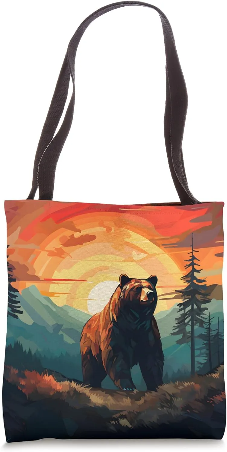 Bear Retro Sunset Forest Spirit Animal Tote Bag