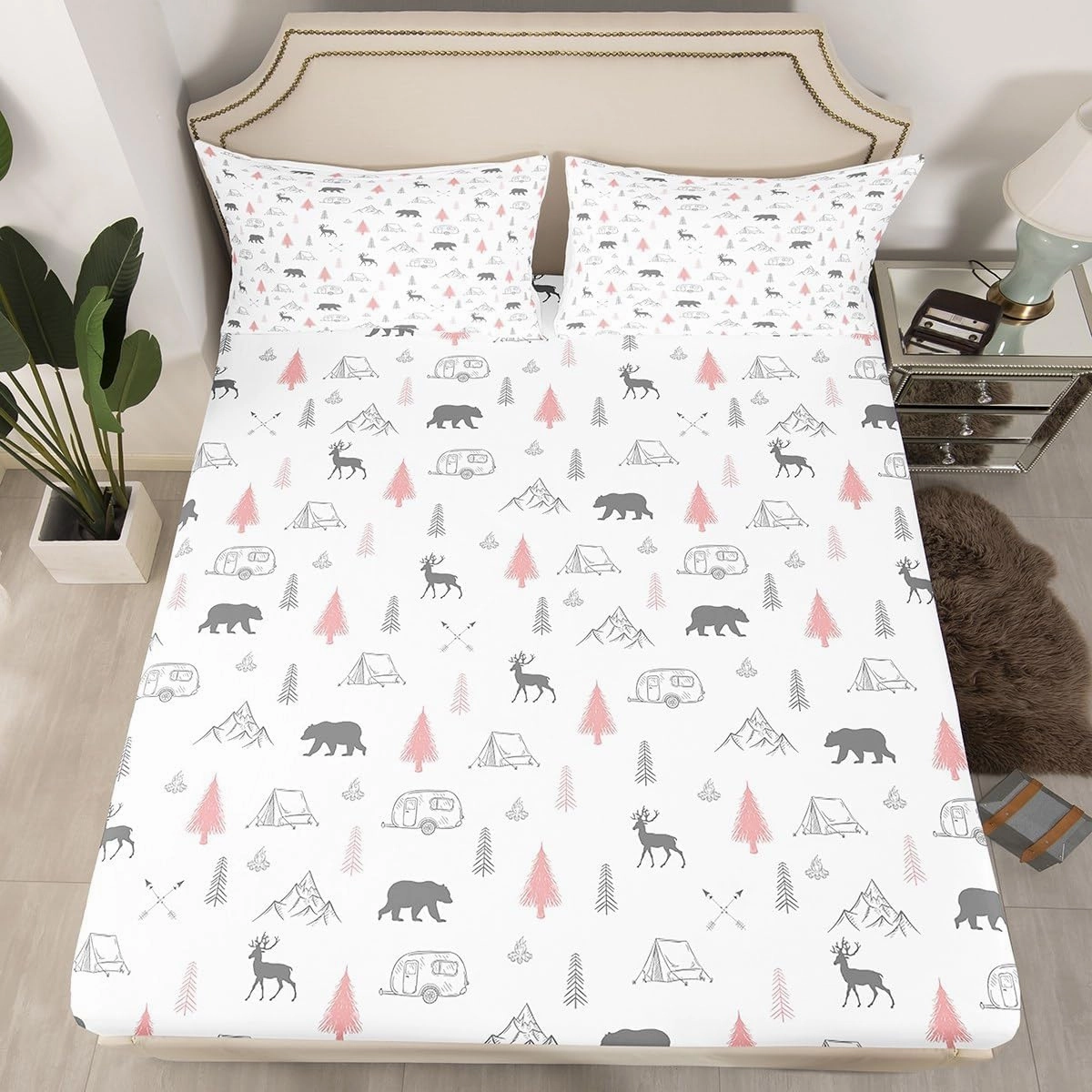 Bear Deer Print Fitted Sheet,Camping Car Adventure Bed Sheets for Kids Girls Adult Room Decor,Pine Tree Mountain Bedding Set,Wild Animals Plants Deep Pocket Sheet,Pink Grey White 2Pcs Twin Size