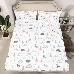 Bear Deer Print Fitted Sheet,Camping Car Adventure Bed Sheets for Kids Girls Adult Room Decor,Pine Tree Mountain Bedding Set,Wild Animals Plants Deep Pocket Sheet,Pink Grey White 2Pcs Twin Size